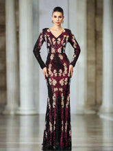 V-neck Floral Sequin Long Sleeve Prom Dress